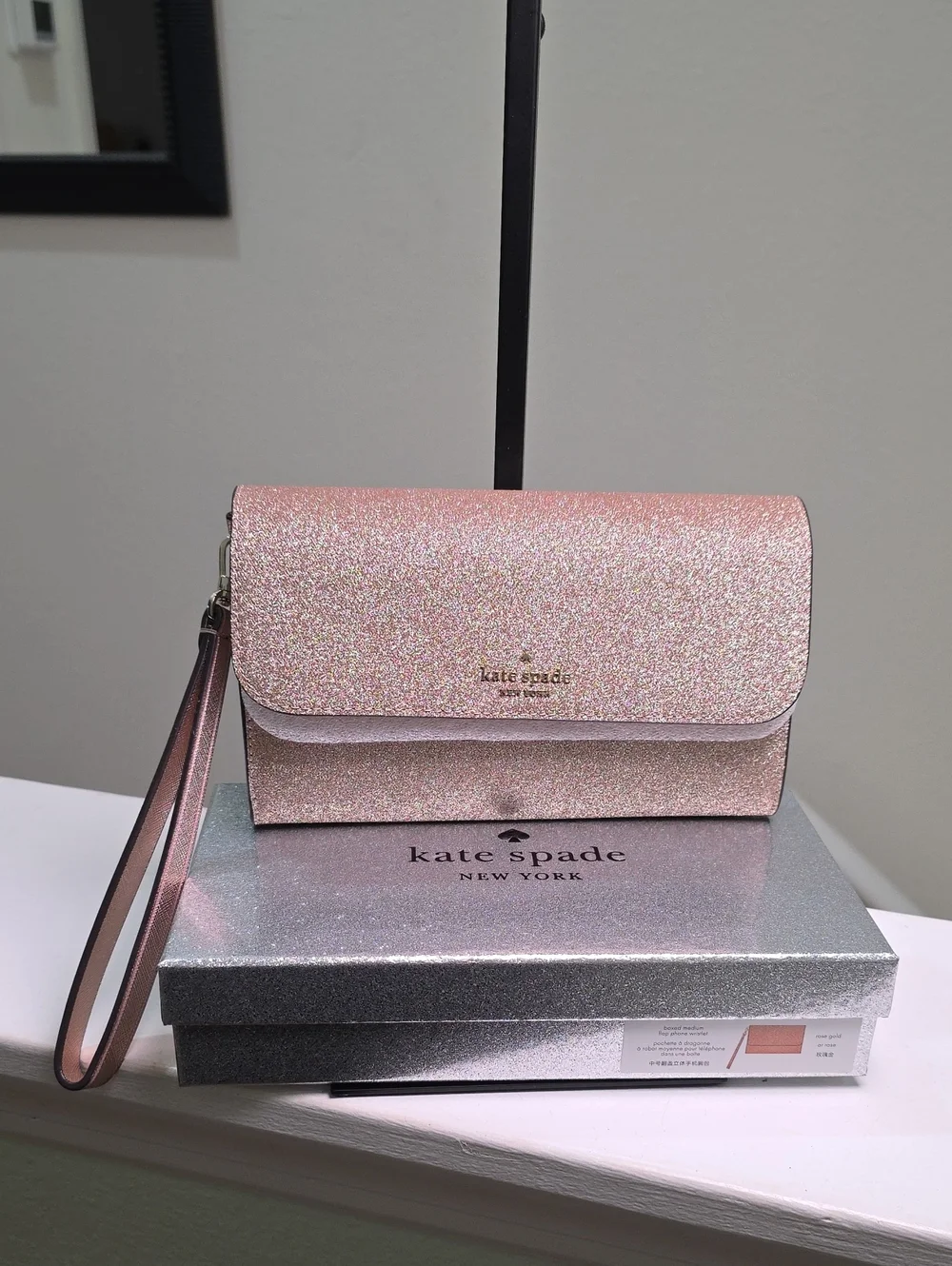 Kate Spade New In Box Rose Gold Glitter Medium Flap Phone Wristlet NWT